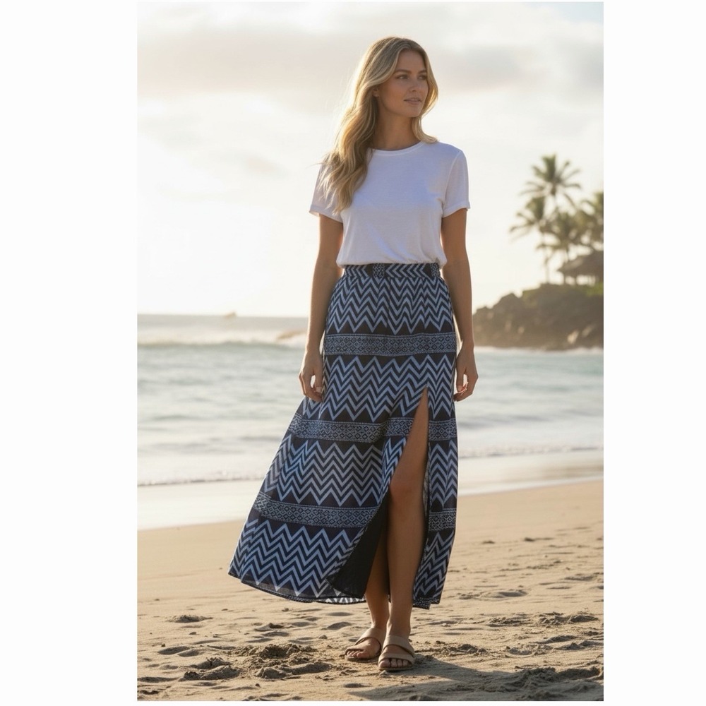 MICHAEL MICHAEL KORS Printed Blue Maxi Skirt‎ Side Slit Layered Womens Small
